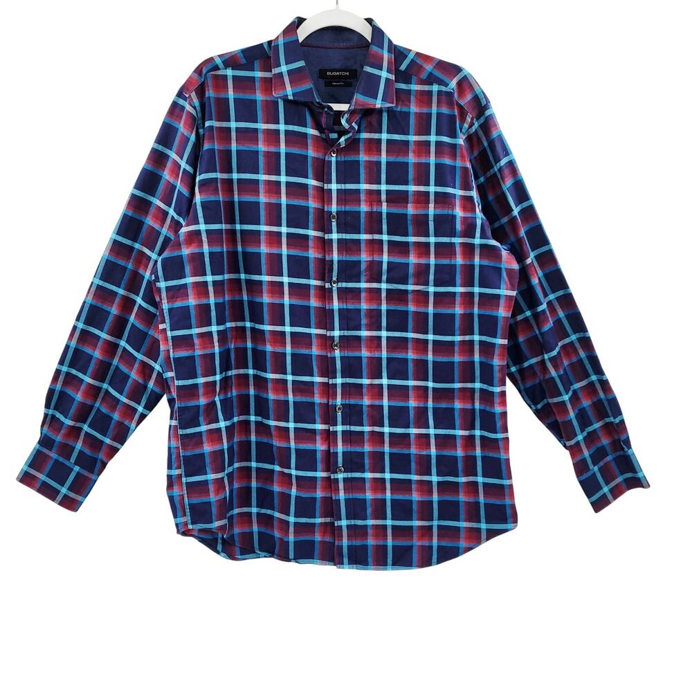 Bugatchi Uomo Classic Fit Blue & Red Gingham Plaid Button Up Shirt Men's XL